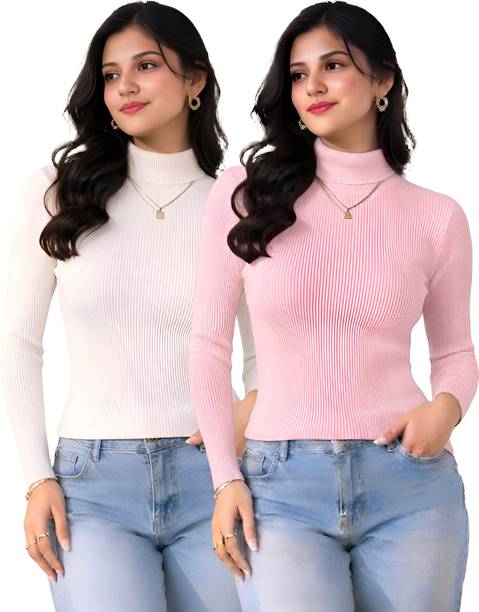 Women Solid High Neck White, Pink Sweater