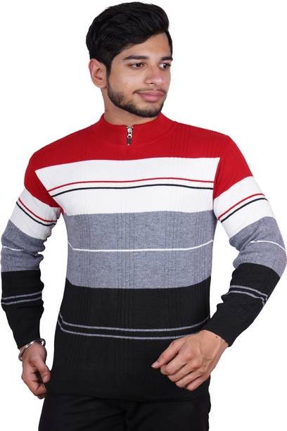 Men Striped, Self Design Round Neck Multicolor Sweater