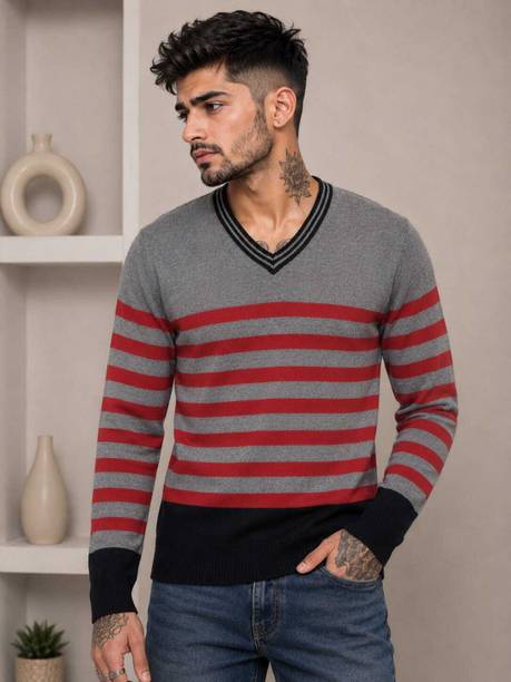 Men Striped V Neck Multicolor Sweater