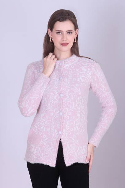 Barstow Self Design Round Neck Casual Women Pink Sweater