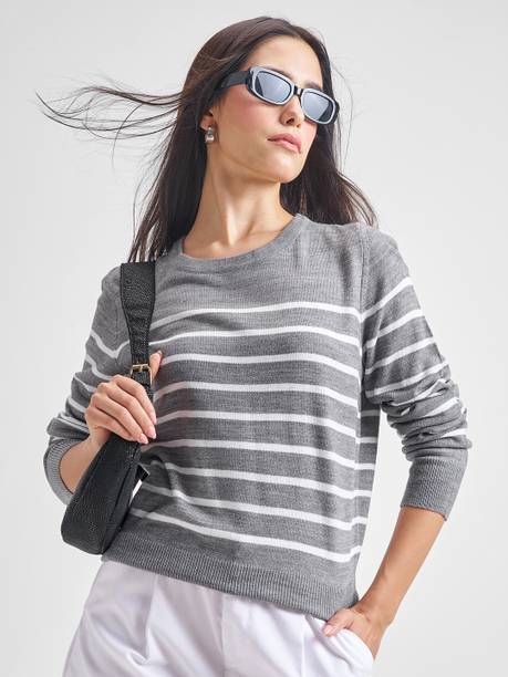Women Striped Round Neck Grey Sweater