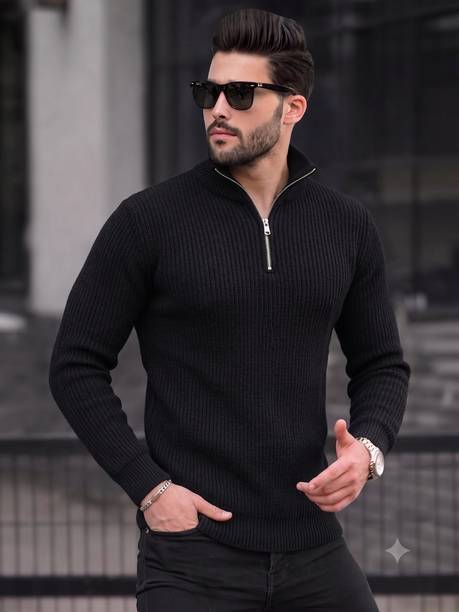 RABLY Self Design High Neck Casual Men Black Sweater