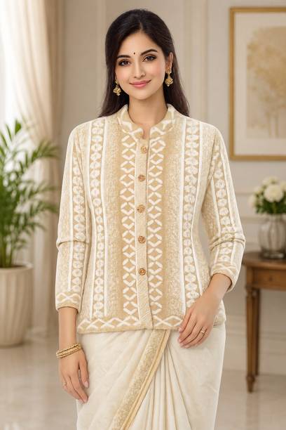 Women Printed Mandarin Neck Beige Sweater