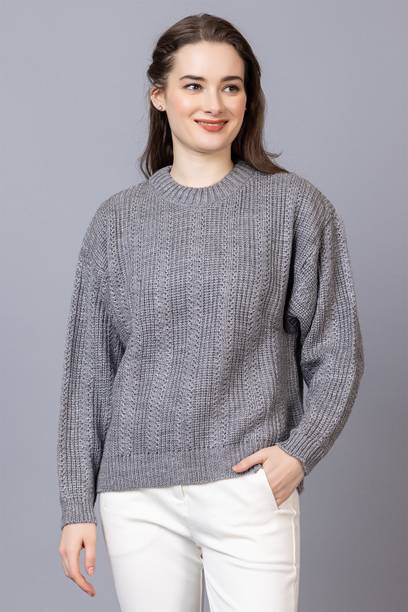 Women Woven Round Neck Grey Sweater