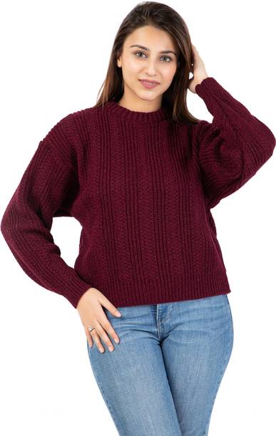 Women Woven Round Neck Maroon Sweater