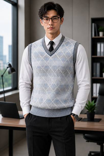DAILYDUDE Geometric Print V Neck Formal Men Blue Sweater