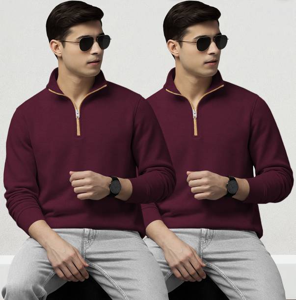 Men Solid High Neck Maroon Sweater