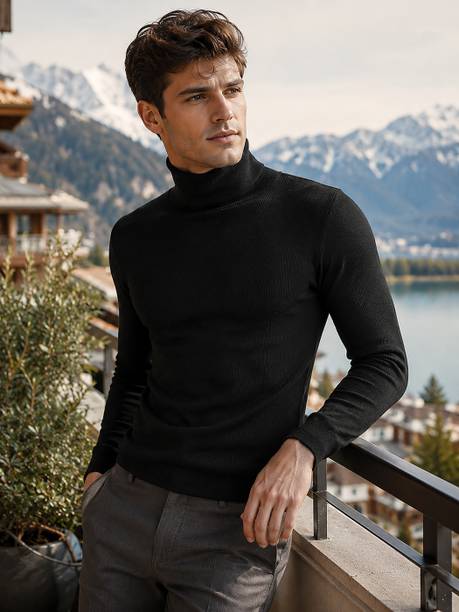 METRONAUT Solid High Neck Casual Men Black Sweater