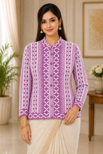 Women Printed Mandarin Neck Purple Sweater