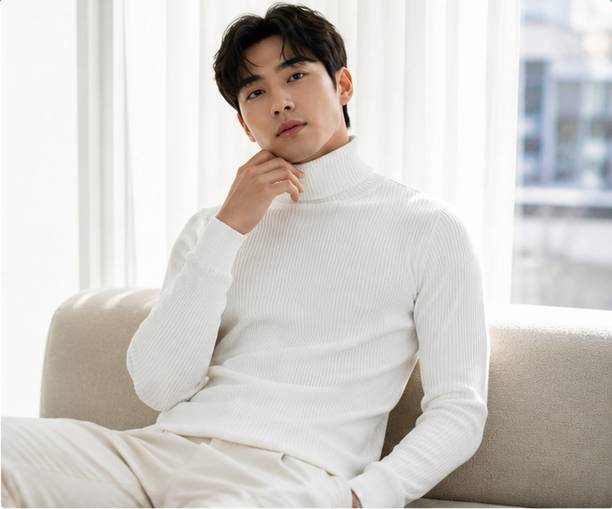 Men Solid High Neck White Sweater