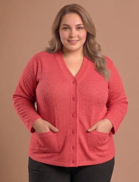 Women Self Design V Neck Pink Sweater