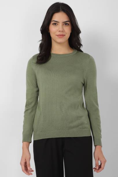 Women Solid Boat Neck Green Sweater