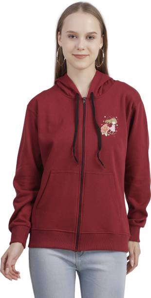 Women Printed Hooded Neck Maroon Sweater