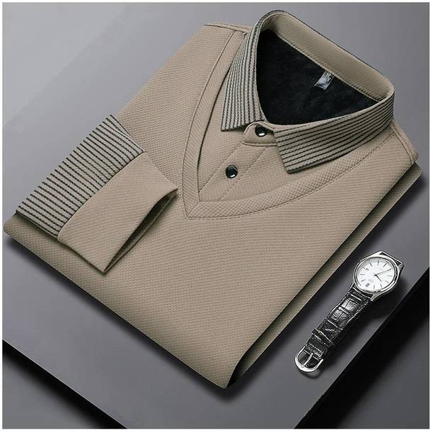 Men Solid, Striped Polo Neck Polycotton Brown T-Shirt