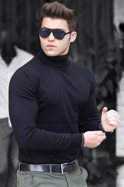 Men Solid High Neck Wool Blend Black T-Shirt