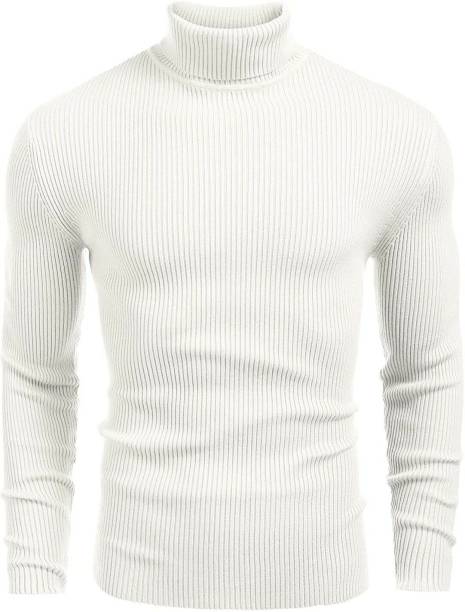 Men Self Design High Neck Cotton Blend White T-Shirt Price in India