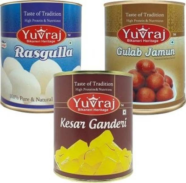 Yuvraj Food Product Sweets kesar Ganderi , Rasgulla & Gulab jamun combo pack of 3 (1 KG x 3 ) Tin