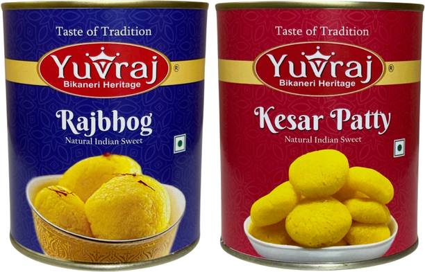 Yuvraj Food Product Rajbhog and Kesar Patty sweets combo 1 kg x 2 tin Can