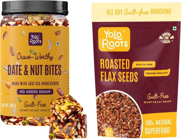 Yolo Roots Date & Nut Bites 360g & Roasted Flax Seeds 200g Healthy Combo Box