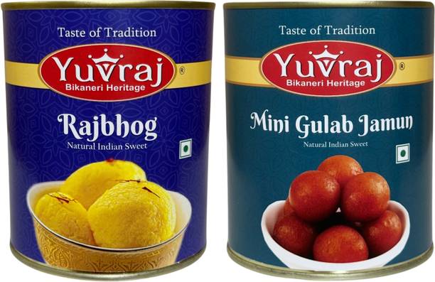 Yuvraj Food Product Mini Gulab jamun & rajbhog sweets combo 1 kg x 2 tin Can