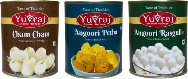 Yuvraj Food Product Angoori Rasgulla,Cham Cham & Angoori Petha 1 kg x 3 pack Can