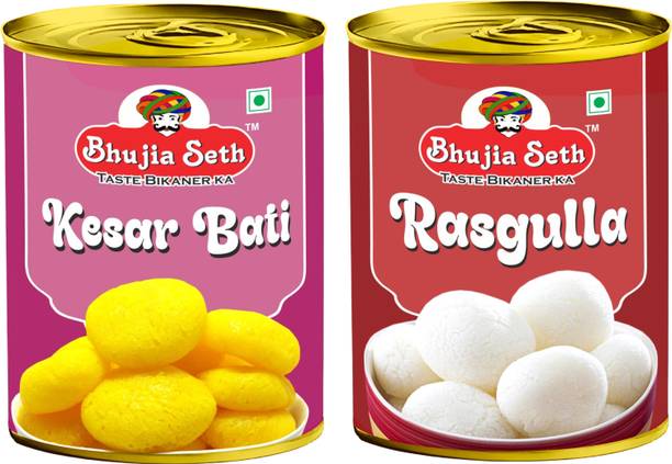 BHUJIYA SETH sweets kesar Bati & Rasogolla combo pack (1 kg x 2 ) pack Tin