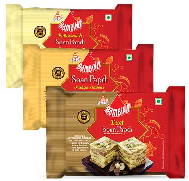 Bambino Soan Papdi Combo Pack of 3 Buttersctoch I Orange I Duet Each 200 Gms Pouch