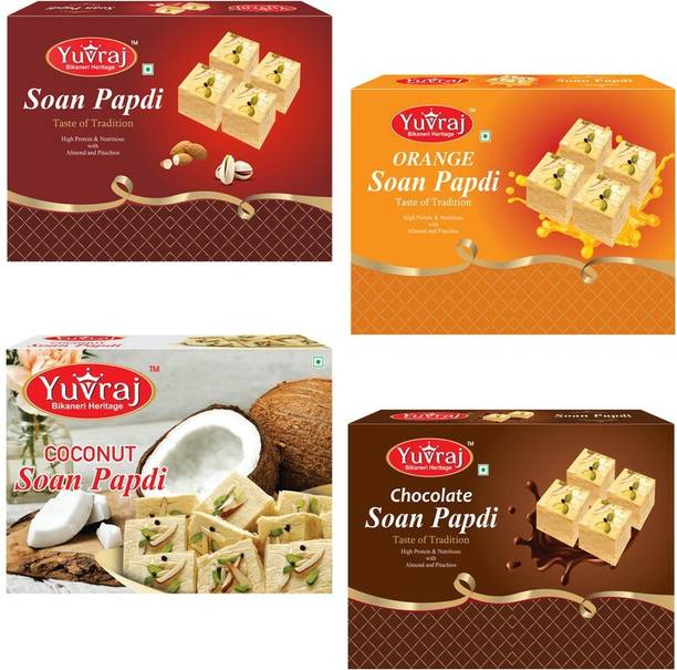 Yuvraj Food Product soan papadi Combo mix (Coconut ,Chocolate , Orange & Elaichi ) ( 250 Gm x 4 ) Box