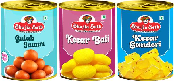BHUJIYA SETH desi ghee Gulab jamun,Kesar Bati & kesar Ganderi combo pack (1 kg x 3 ) pack Can