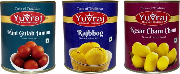 Yuvraj Food Product Kesar Cham Cham ,Kesar Patty & Mini Gulab Jamun sweets 1 kg x 3 pack Can