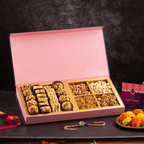 The Baklava Box Raksha Bandhan Pink Floral Sweets Box Assorted Baklava & Premium Dry Fruits