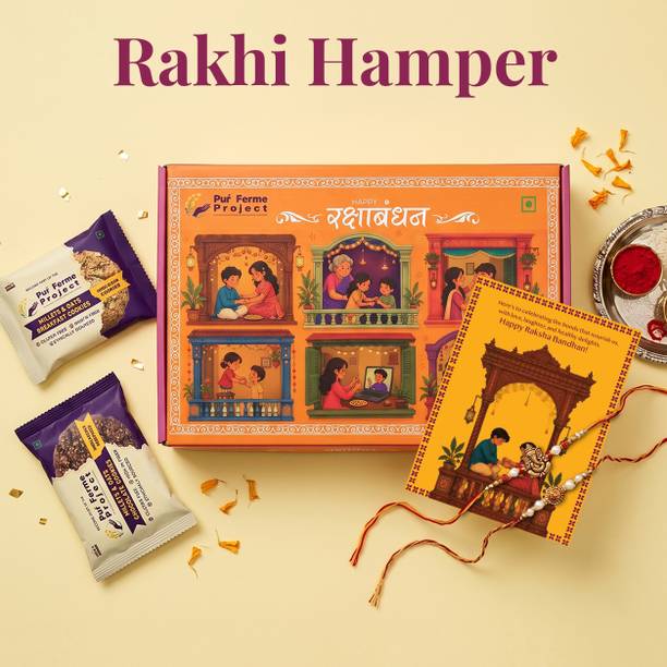 PurFerme Project Bhaiya Bhabhi Rakhi Gift Hamper for Brothers & Sisters | Millets, Oats & Cocoa Cookies Kundan Rakhi, Chawal Roli Pack Set 8 Cookies, 