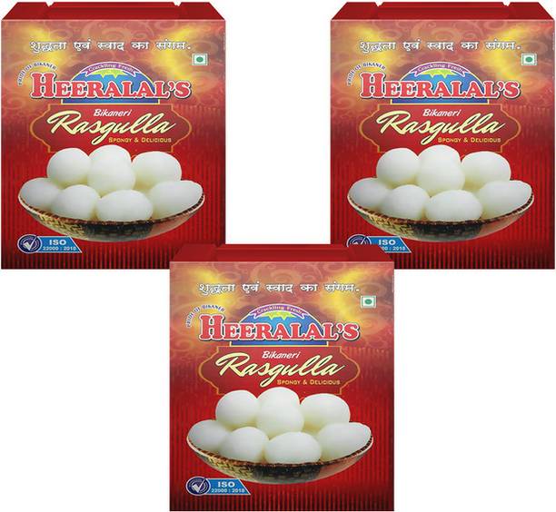 Heeralal's Rasgulla 3Kg (1Kg x 3) Spongy 20 Pcs Per Can | Zero Preservative Box