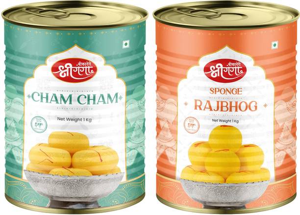 Bikaneri Shree Ganga Cham Cham 1Kg & Rajbhog 1Kg Sweet Combo - Experience Rich Flavors for Gifting Tin