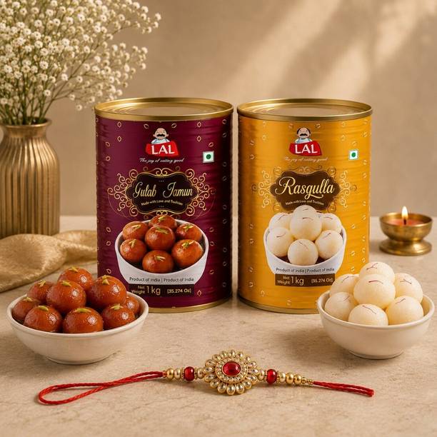 Lal Sweets Gulab Jamun 1kg & Rasgulla 1kg Combo with Rakhi Gift