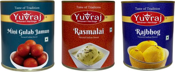 Yuvraj Food Product Mini Gulab Jamun , Angoori Rasgulla & kesar Rajbhog 1 kg x 3 pack Can
