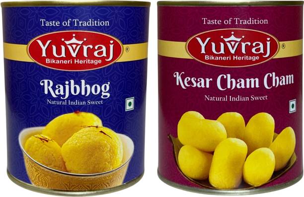 Yuvraj Food Product Rajbhog and Kesar Cham Cham sweets combo 1 kg x 2 tin Can