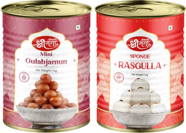 Bikaneri Shree Ganga Mini Gulab Jamun 1Kg & Rasgulla 1Kg Sweet Combo - Indulge in Rich Indian Flavors Tin