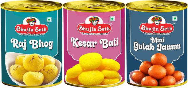 BHUJIYA SETH Rajbhog, Kesar Bati & Mini Gulab Jamun combo pack (1 kg x 3 ) pack Can