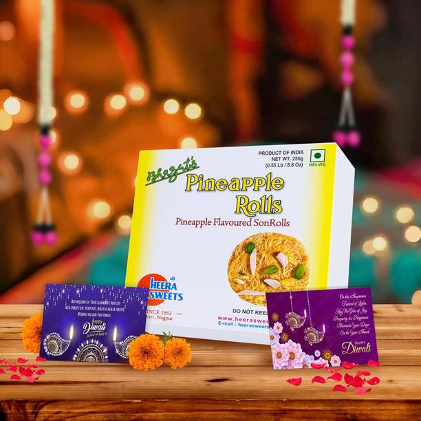 Bhagat's Pineapple Son Roll 250g | 2 Greeting Cards | Festive Mithai Box Box