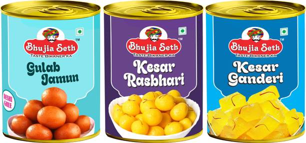 BHUJIYA SETH desi ghee Gulab Jamun,Kesar Rasbhari & kesar Gandericombo pack (1 kg x 3 ) pack Can