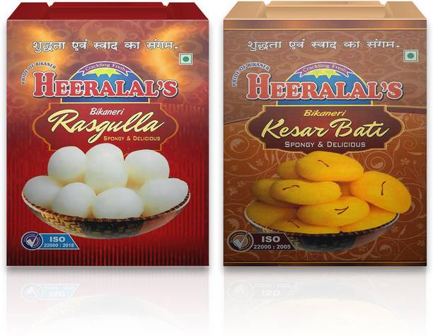 Heeralal's Rasgulla 1Kg, Kesar Bati 1Kg Bikaneri Sweets Combo Ideal For Gifting Tin