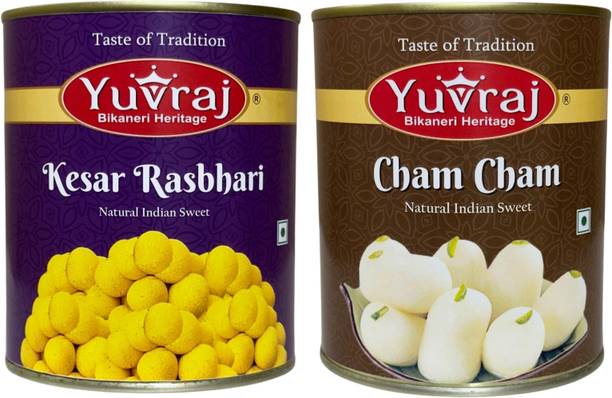 Yuvraj Food Product White cham cham & Kesar rasbhari sweets combo 1 kg x 2 tin Can