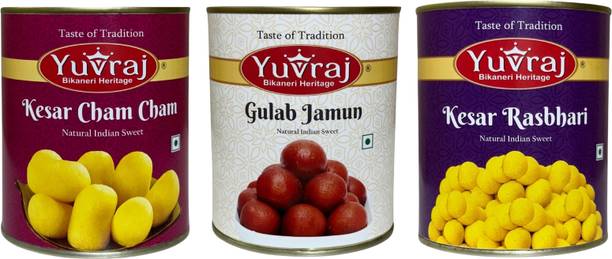 Yuvraj Food Product Kesar Cham Cham,Gulab Jamun & Rasbhari 1 kg x 3 pack Can