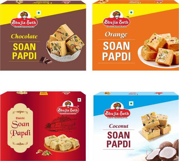 BHUJIYA SETH Chocolate, orange, Elaichi, coconut soan papdi combo pack (200 gm x 4) Box