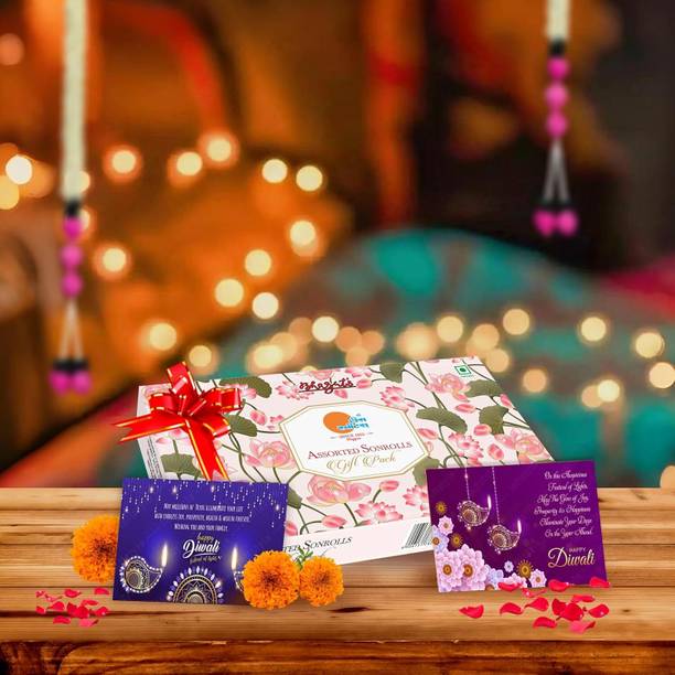 Bhagat's 4‑in‑1 SonRoll Box 500g | 2 Greeting Cards | Flavored Soan Rolls in Gift‑Box Box