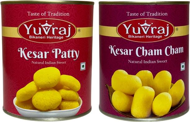 Yuvraj Food Product Kesar Patty & kesar cham cham sweets combo 1 kg x 2 tin Can