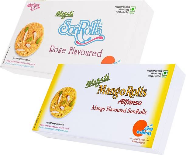 Bhagat's Heera Sweet SonRoll Soft Sweets Mithai Combo Rose & Mango 500gm Box