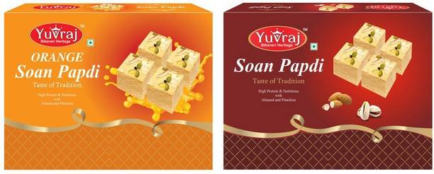 Yuvraj Food Product Orange Soan papadi & Elaichi soan papadi indian mithai ( 200 Gm x 2 ) Box