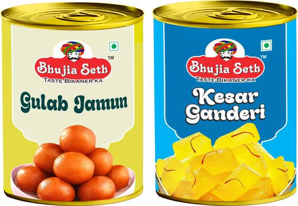 BHUJIYA SETH sweets Gulab jamun & kesar Ganderi combo pack (1 kg x 2 ) pack Tin